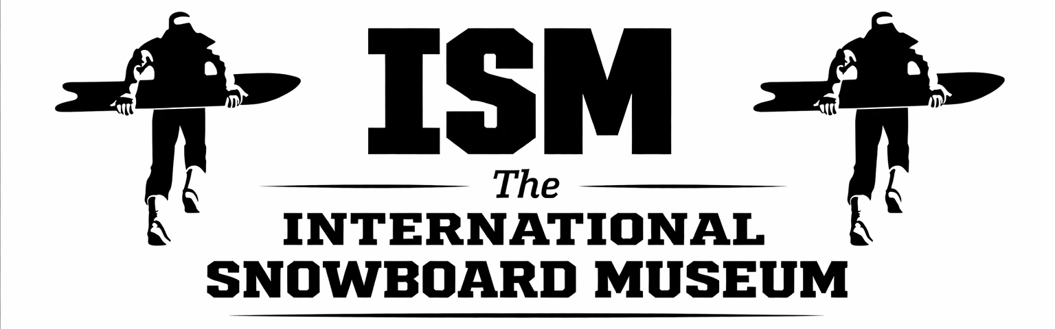 Logo of the International Snowboard Museum paying homage to the old logo from the original  "ISM" International Snowboard Magazine featuring stylized snowboarder figures holding vintage snowboard equipment.
